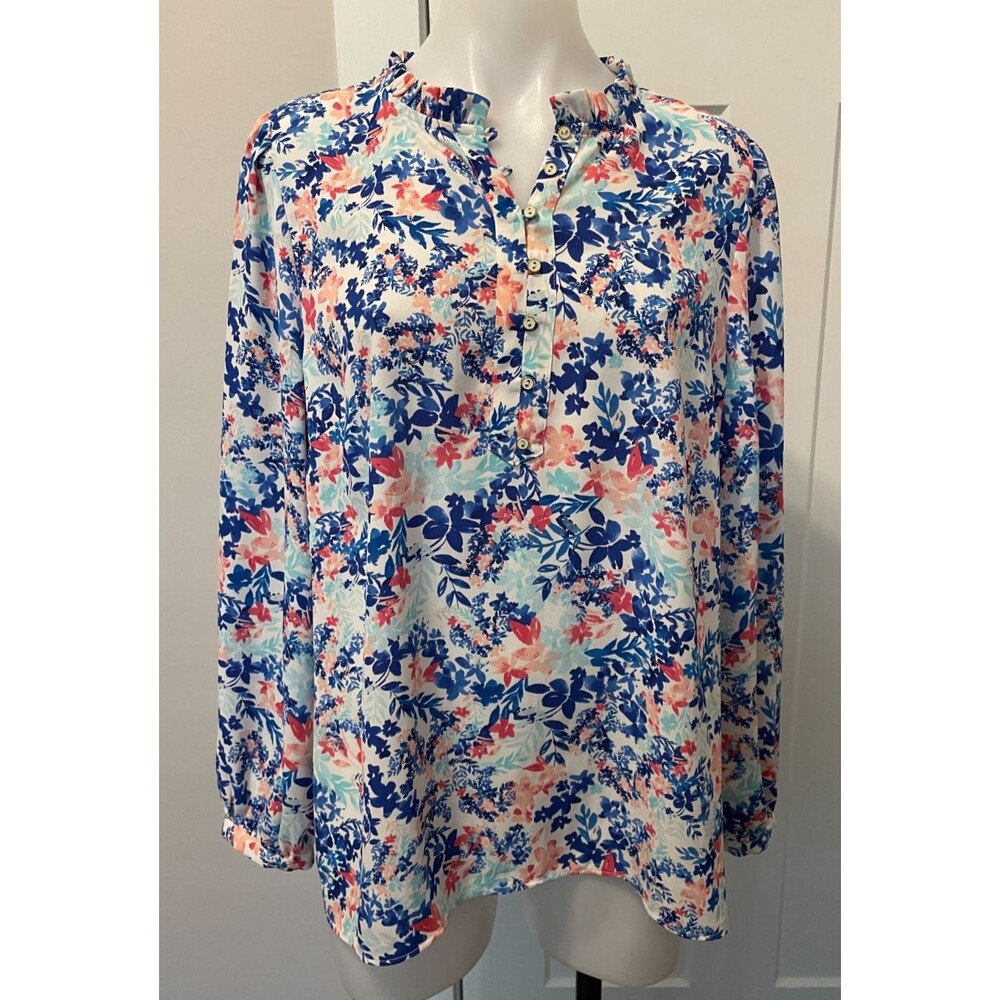 TALBOTS Womens Popover TOP Long Sleeve BLUE Pink FLORAL Size XLP